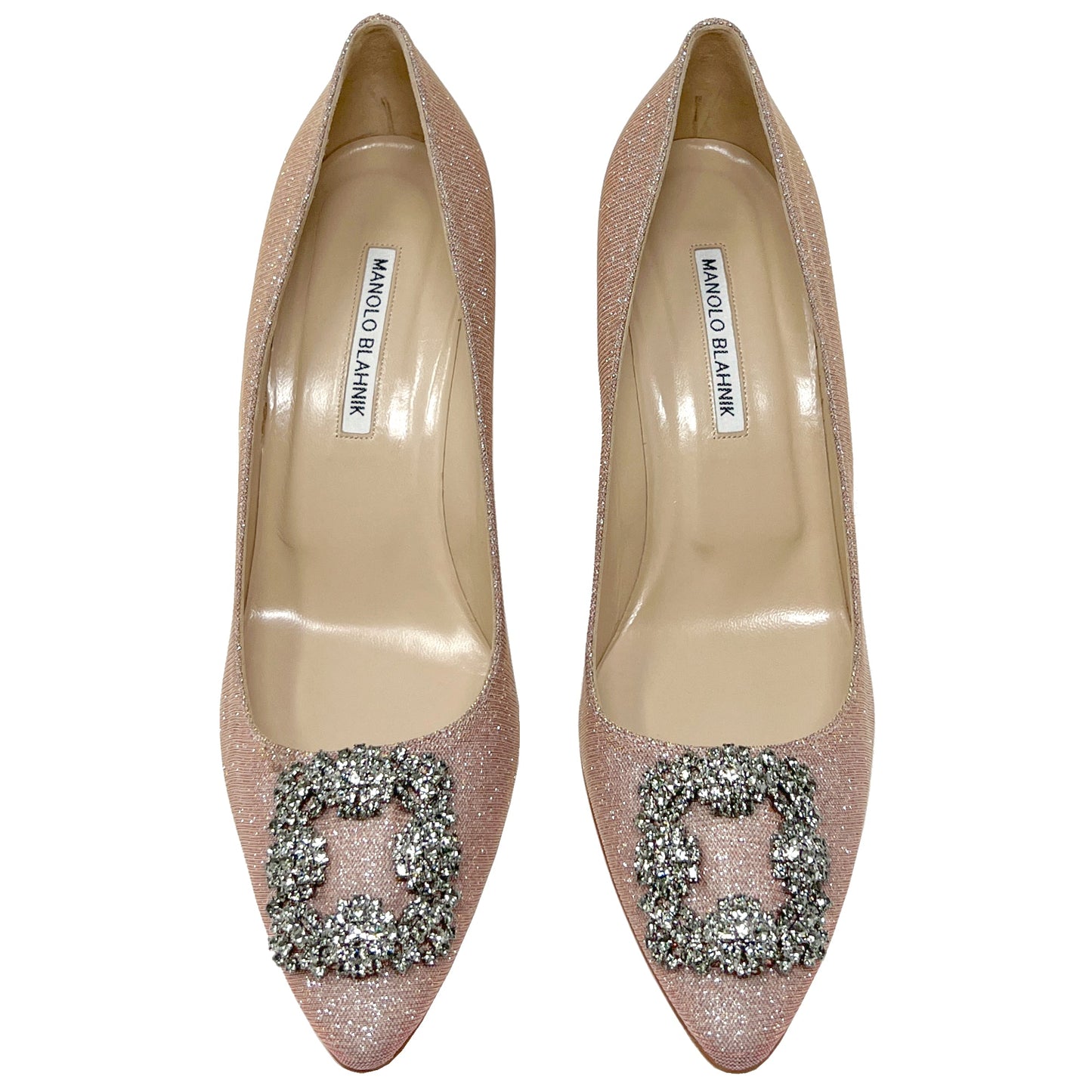 Manolo Blahnik Hangisi 70 Pink Shimmer Fabric Crystal Buckle Pointed Heels Pumps Size EU 41