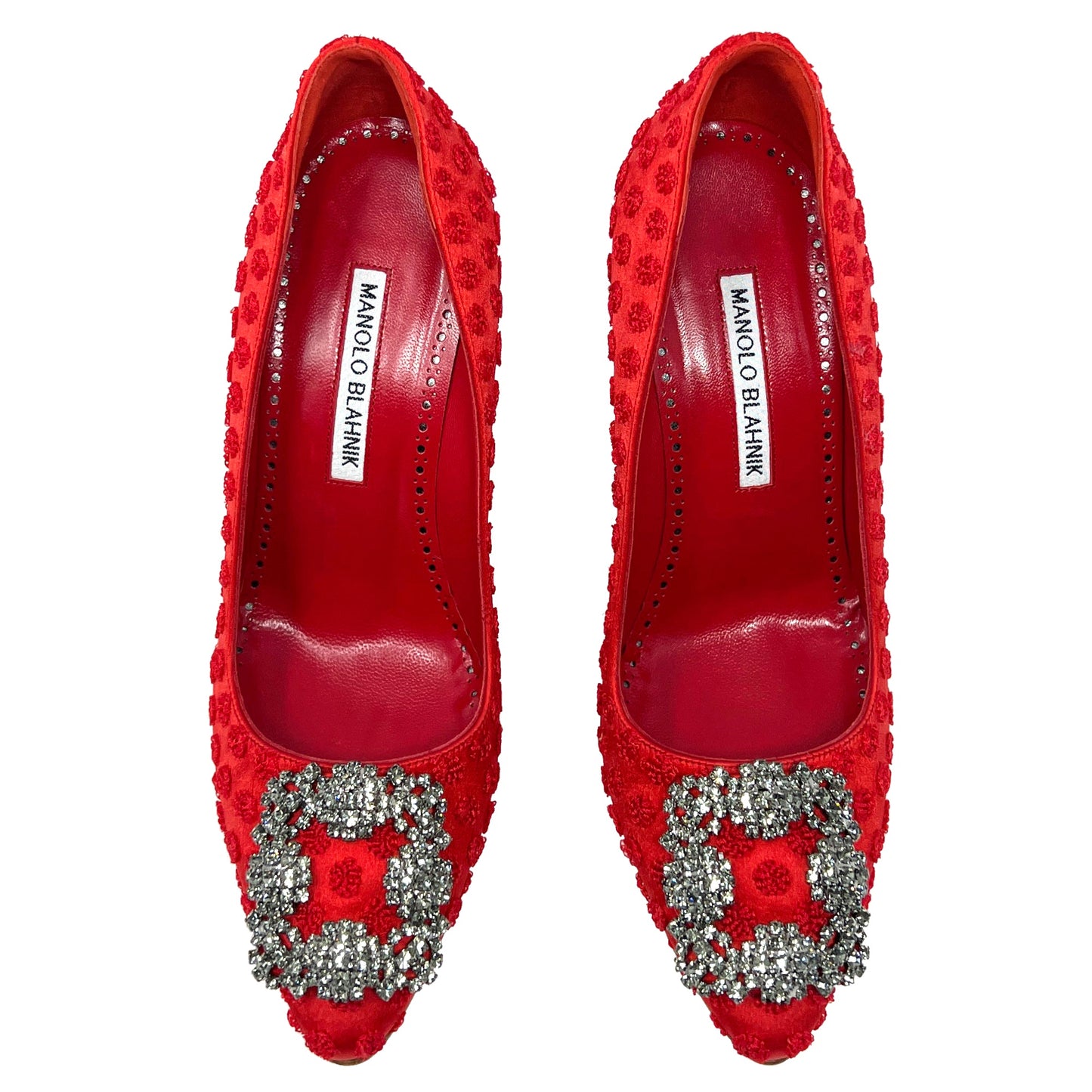 Manolo Blahnik Red Textured Satin Hangisi Crystal Buckle Pointed Toe Heels Pumps