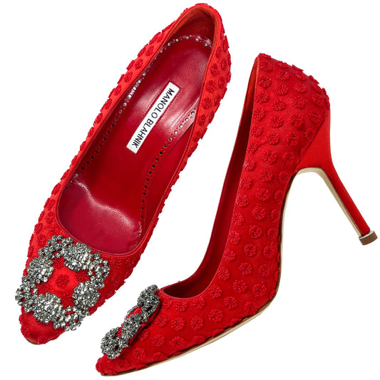 Manolo Blahnik Red Textured Satin Hangisi Crystal Buckle Pointed Toe Heels Pumps