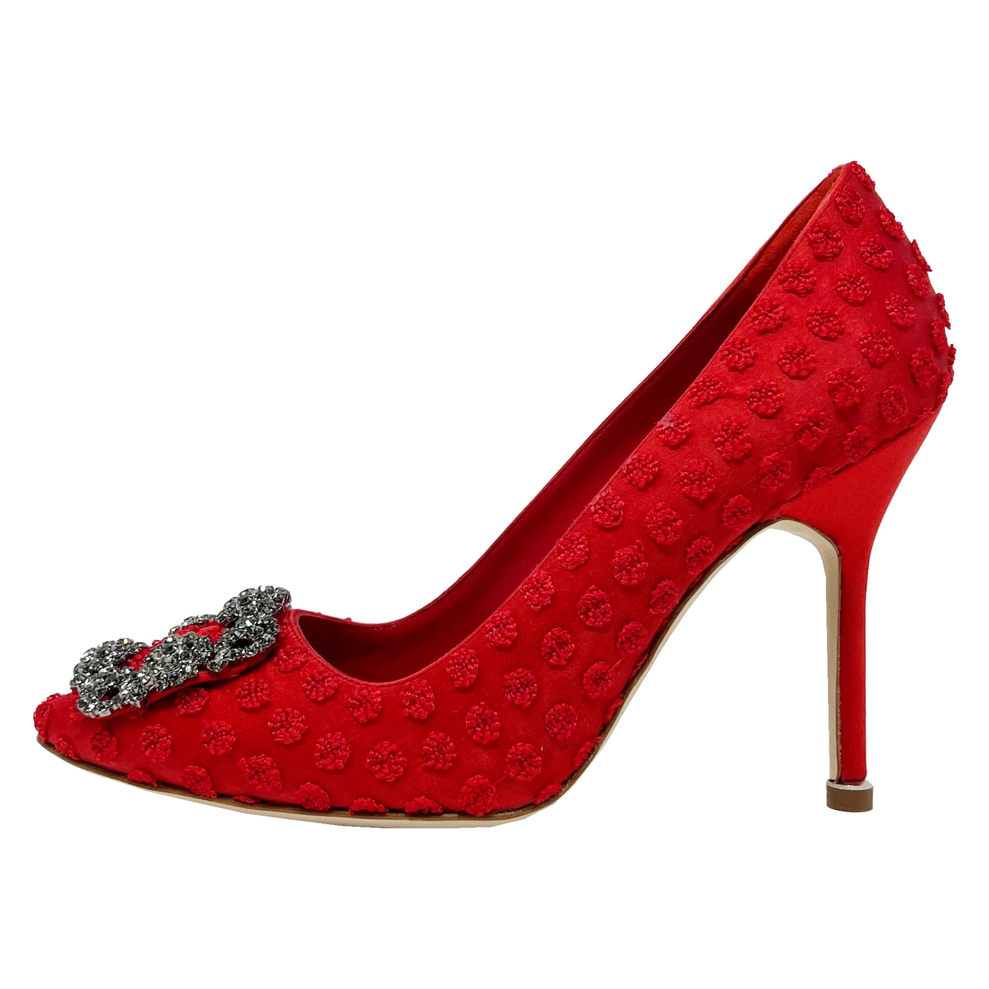 Manolo Blahnik Red Textured Satin Hangisi Crystal Buckle Pointed Toe Heels Pumps