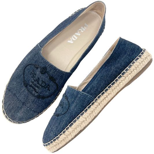 Prada Embroidered Logo Blue Denim Cap Toe Espadrilles Flats Size EU 38.5