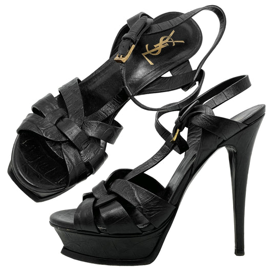 Saint Laurent Tribute 120 Black Embossed Leather Platform Sandals Size EU 40.5