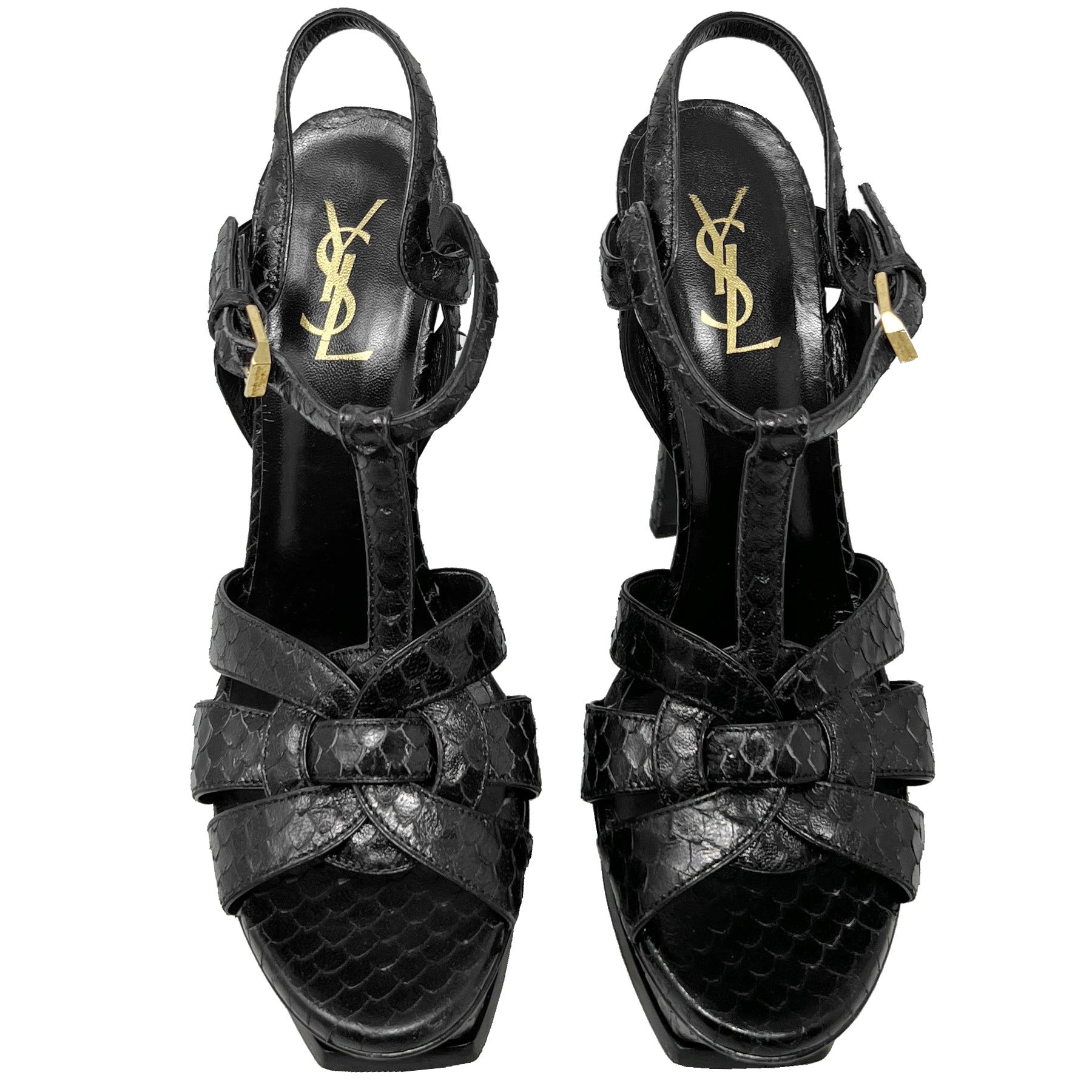 Saint Laurent Tribute 105 Black Embossed Leather Snakeskin Effect Platform Ankle Strap Sandals