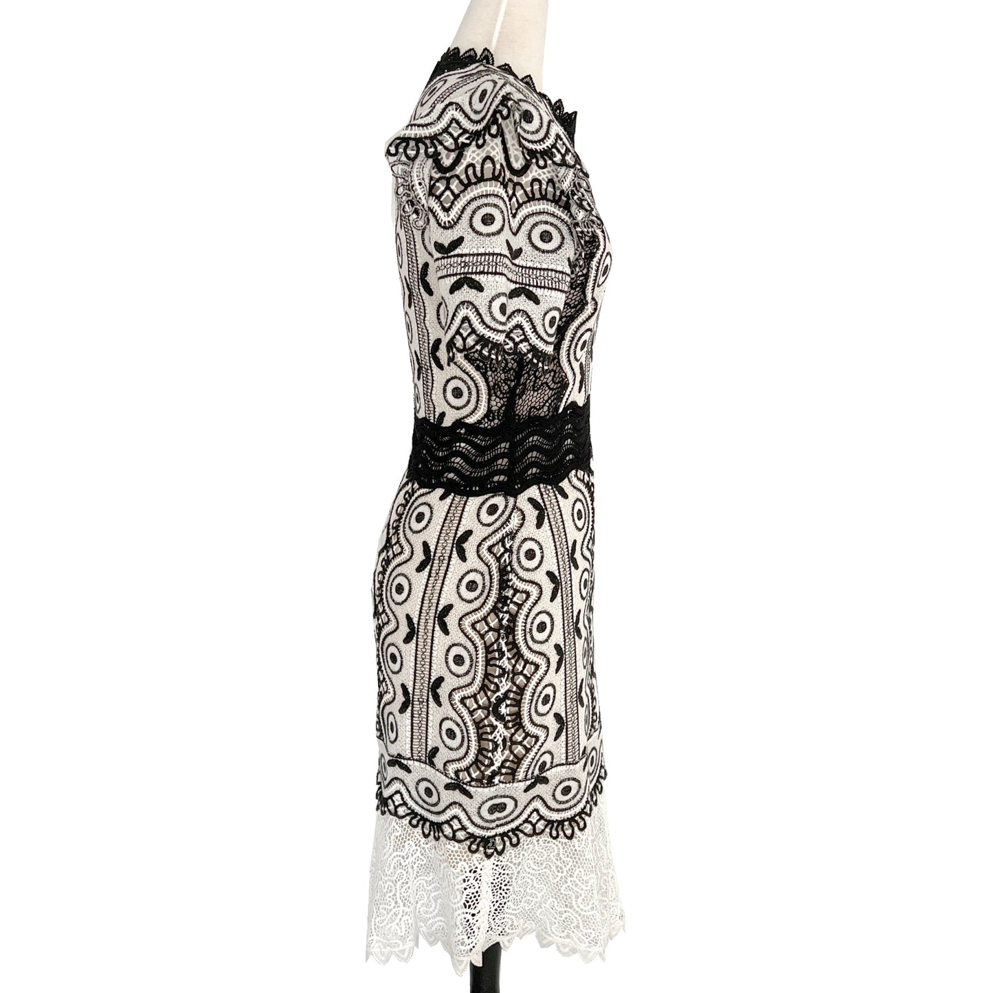 Sea New York Black and White Lola Lace Marcame Knit Assymetrical Hem Dress Size US 6