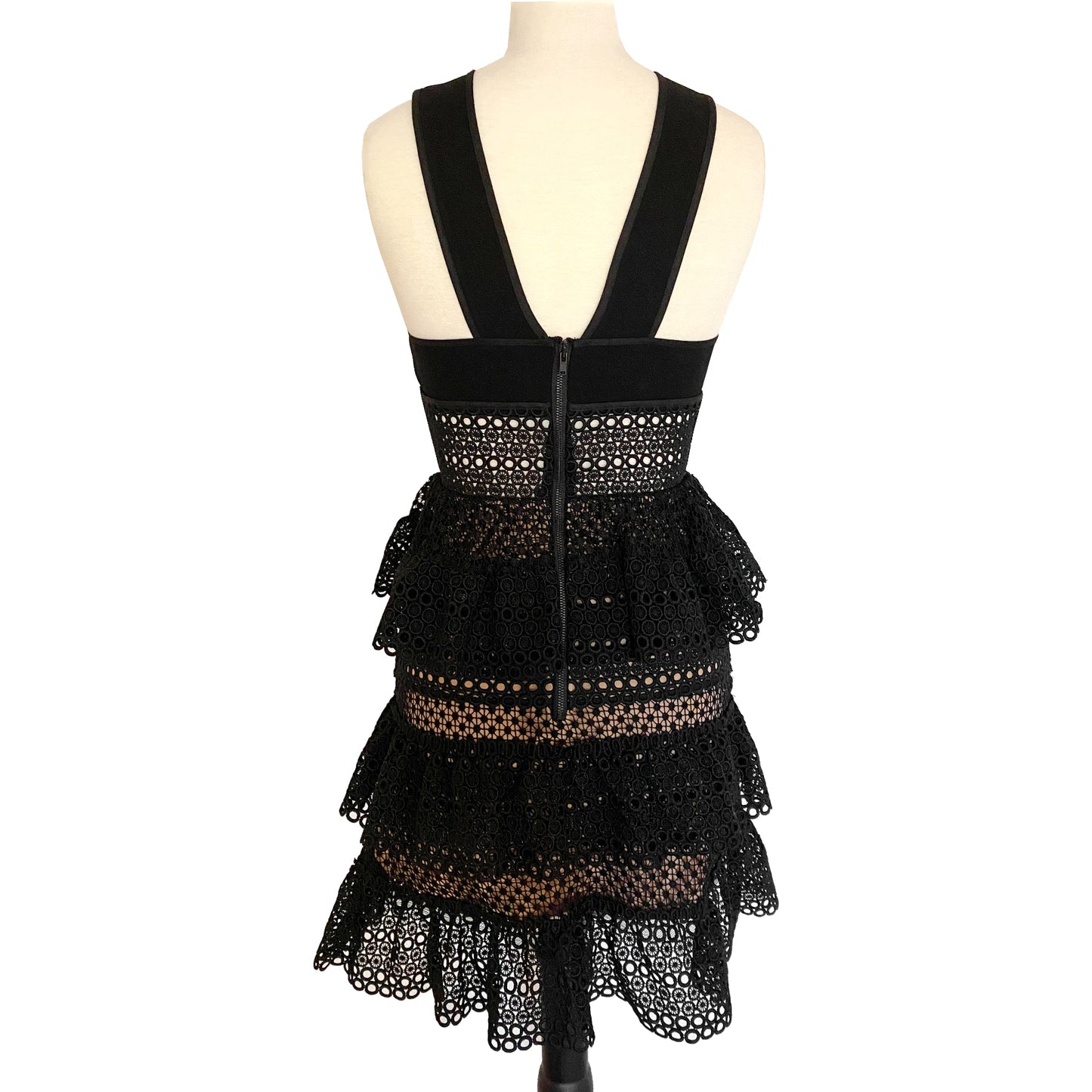 Self-Portrait Black Lace Up Deep V Sleeveless Tiered Lace Mini Dress Size US 2