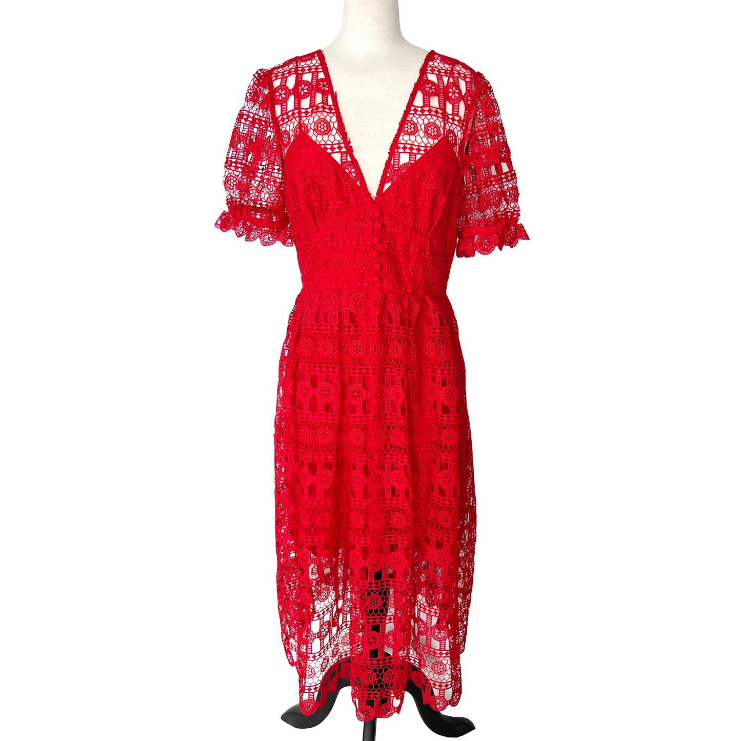 Self Portrait Dress Red Guipure Lace Puff Short Sleeve V Neck Midi Dress