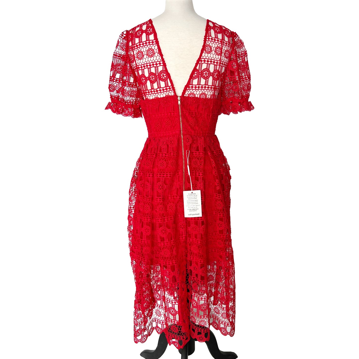 Self Portrait Dress Red Guipure Lace Puff Short Sleeve V Neck Midi Dress Size US 8