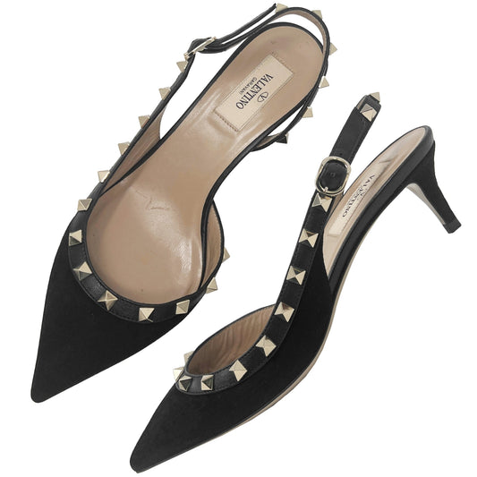 Valentino Rockstud Black Suede Pointed Toe Low Heels Slingback Pumps Size EU 37.5