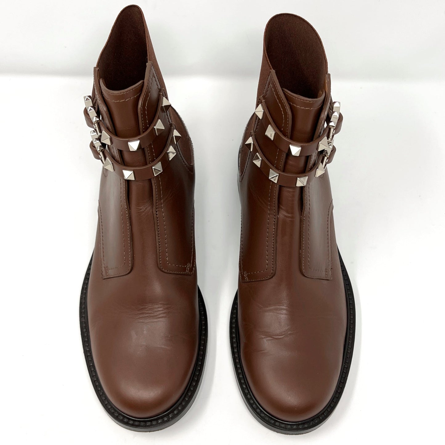 Valentino Rockstud Gold Studded Brown Leather Double Buckle Ankle Boots Size EU 38.5