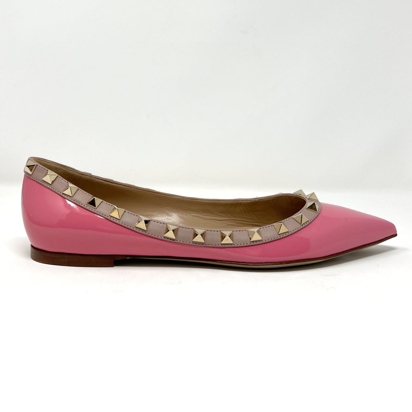 Valentino Rockstud Studded Two Toned Pink Tan Leather Pointed Toe Ballet Flats Size EU 37