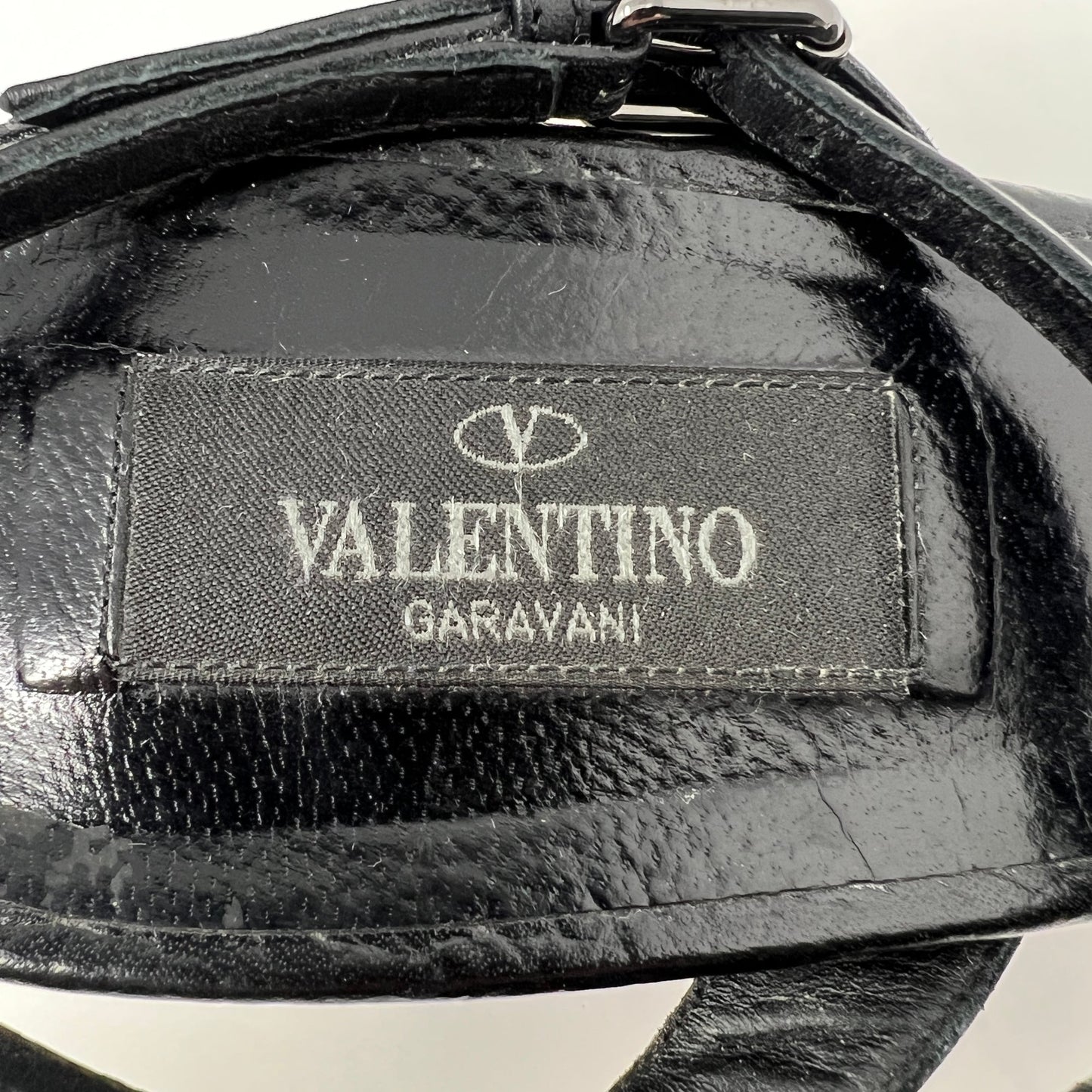 Valentino Black Textured Pebbled Leather Rolling Rockstud Block Heel Sandals Size EU 40.5